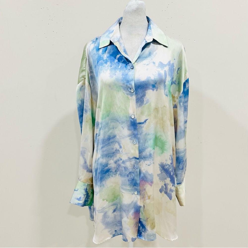 Zara Women’s Size S Satin Effect tie Dye long sleeve‎ blouse  Oversized NWOT